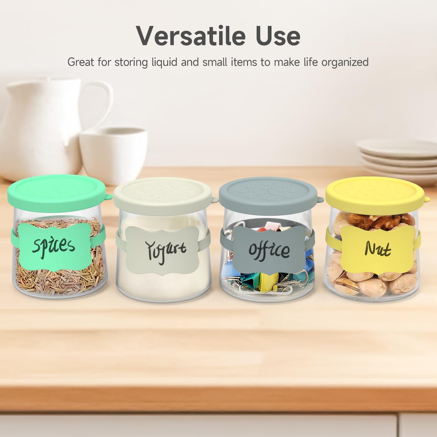 Sophico Oui Yogurt Jar Lids Silicone, 12 Pack Leak Proof Covers Fit For 5oz Oui Glass Jar with Silicone Reusable Bottle Labels, Airtight, Dishwasher Safe & BPA Free (Container Not Included) - Image 6