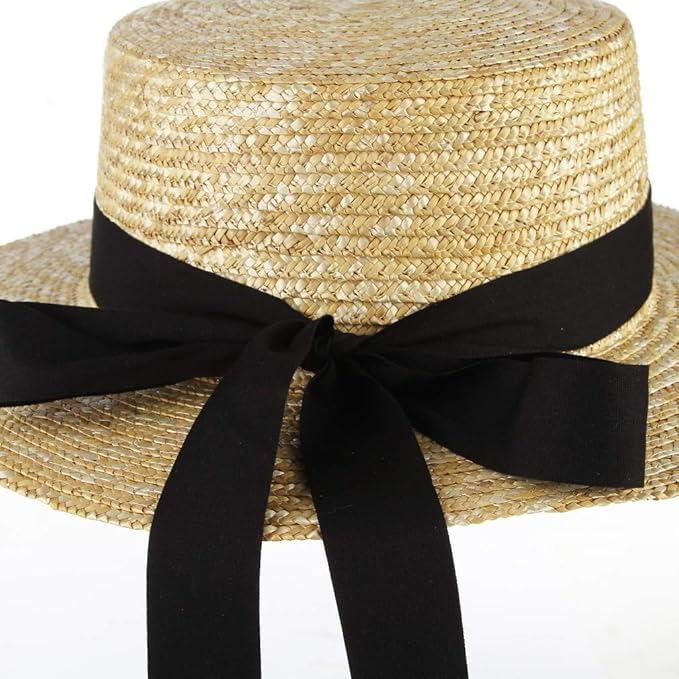 Summer Boater Straw Hat, Wide Brim Retro Flat Top Panama Beach Sun Hat, Black Trim, Handwoven4