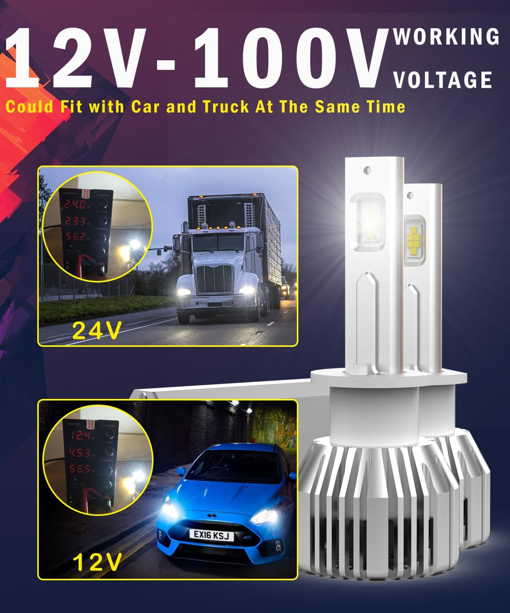 Ampoule H1 LED 24V Blanc 6500K CANBUS 110W 13200 Lm Phares à LED H1 350% de Luminosité, Feux de Route et Feux de Croisement pour Voitures et Camions, 2 pièces