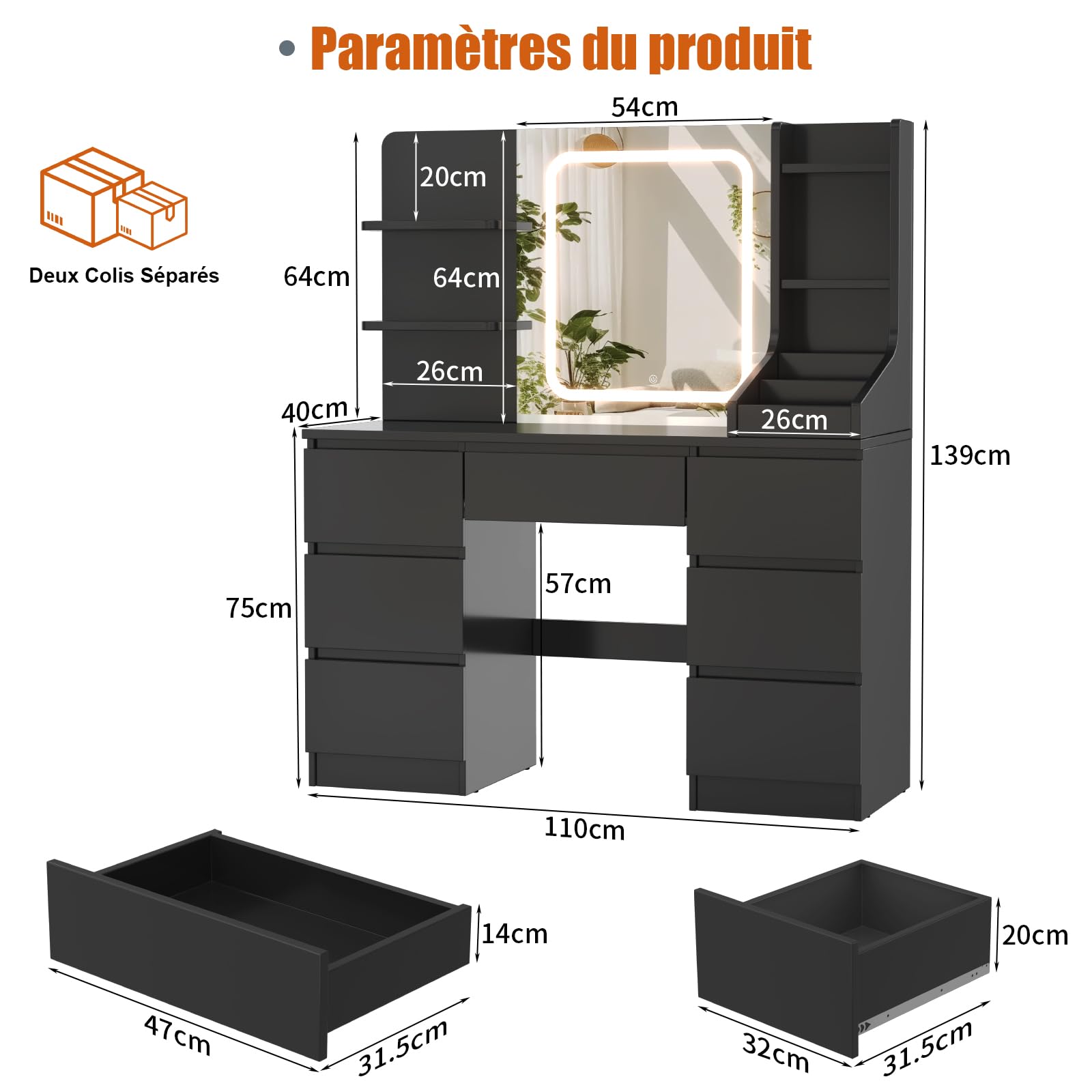 TRIUMPHKEY Coiffeuse avec Miroir LED, Luminosité Réglable, Table de Maquillage avec 4 Étagères et 7 Tiroirs, Coiffeuse Moderne avec Grand Espace de Rangement (Noir)