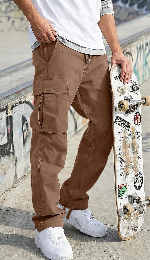 HUNGSON Mens Cargo Pants Drawstring Casual Hiking Pants Joggers Athletic Trousers Cotton Loose Straight Sweatpants for Men