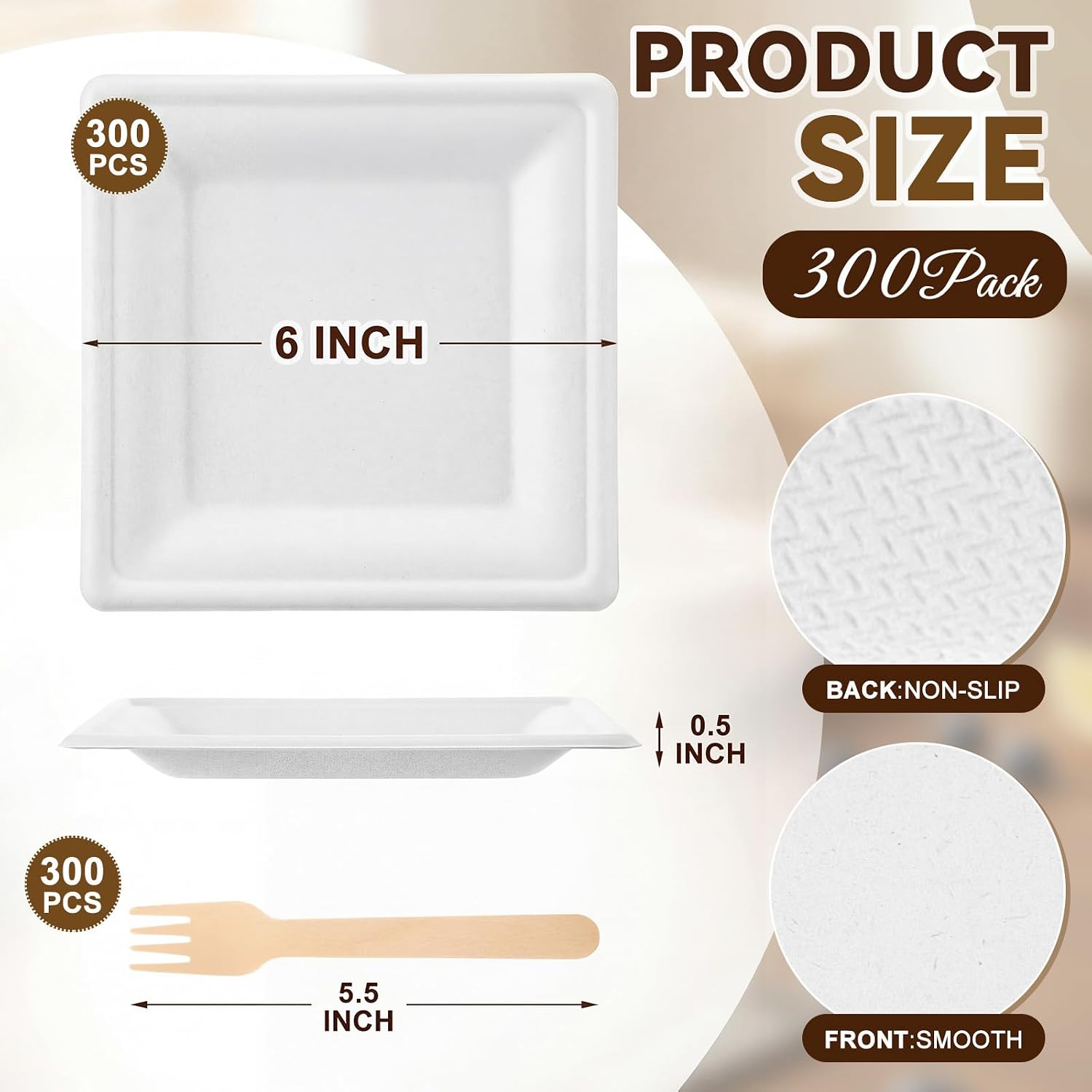 Havawish 300 Set Bulk 6 Inch Compostable Square Paper Plates with 5 Inch Forks, Disposable Biodegradable Dessert Plates, Microwave Safe & Leak Resistant, for Parties, Catering & Large Gatherings