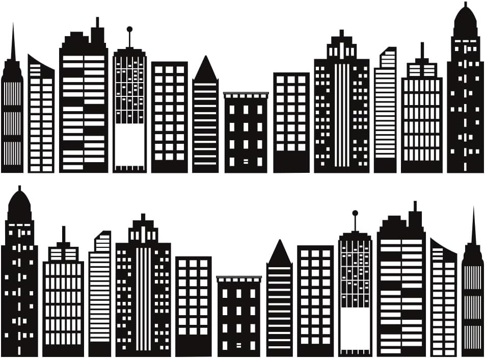 SUPERDANT 2 Sheets Cityscape Wall Stickers City Buildings Silhouettes Wall Decals Kids Room Peel and Stick Vinyl Art Murals for Boy's Bedroom Livingroom Home School Dormitory TV Background Decor