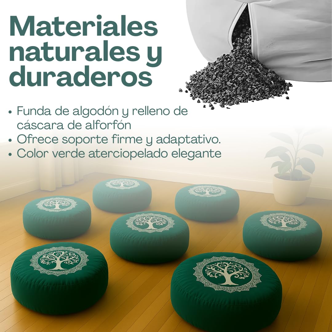 Original ® Zafu Meditazione Albero della Vita 18 cm x 30 cm 100% cotone - Imbottitura a conchiglia Grano saraceno - Cuscino meditazione Yoga - Tacos Yoga - Milfundess (Verde, 18cm)