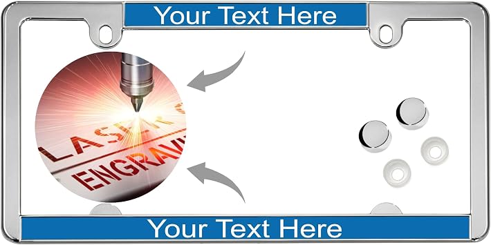 All-States | Slimline 2 Hole Chrome Metal Personalized with Custom Text Design Laser Engraved Standard Size - Car/Automobile License Plate Frame with Free caps - Blue/White Qty 1 Frame