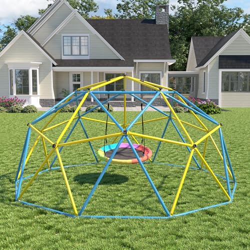 Climbing Dome,10 FT Dome Climber with Rainbow Saucer Swing Outdoor&Indoor Anti-Rust Metal Jungle Gym For Backyard Play Equipment Geometric Dome Toddler Climbing Toys Great Gift for Kids Aged 3 to 8