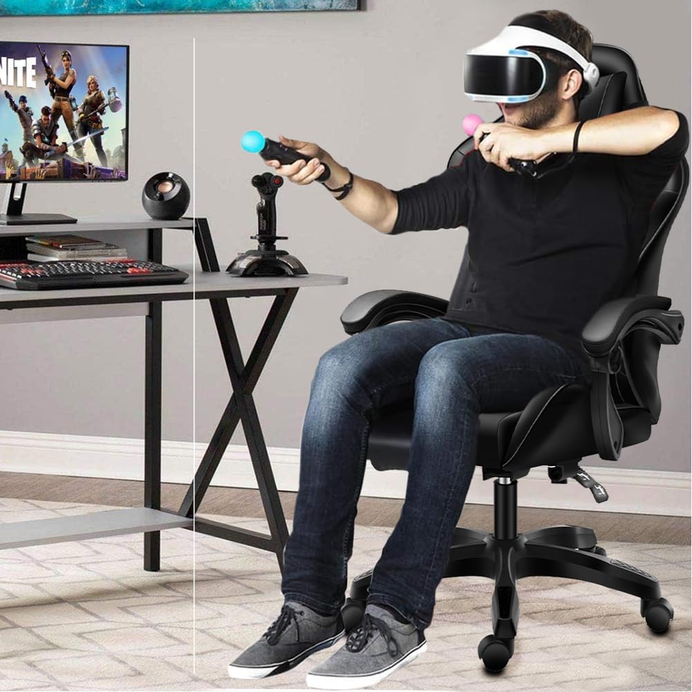 BAKAJI Sedia Poltrona Gaming Scrivana Ufficio Casa in Ecopelle Schienale Reclinabile Cuscino Lombare Poggiatesta Rotazione 360 Gradi Direzionale Altezza Regolabile Base 5 Ruote (Black)