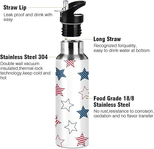 Miniatura 3 de Stars Us Flag White Insulated Water Bottle 20 Oz Leakproof Water Bottles, BPA-Free Sports Water Bottle with Straw
