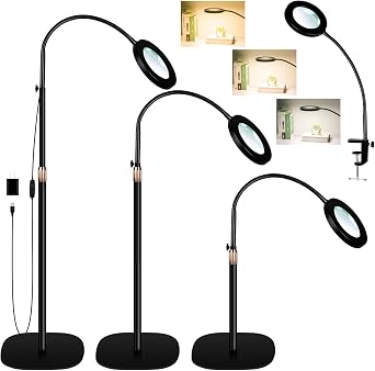 4-in-1 Magnifying Glass with Light and Stand, 3-Color Stepless Dimmable LED Magnifying Floor Lamp, 24" Gooseneck Swing Arm Lighted Magnifier with Clamp for Reading Craft 12X Black