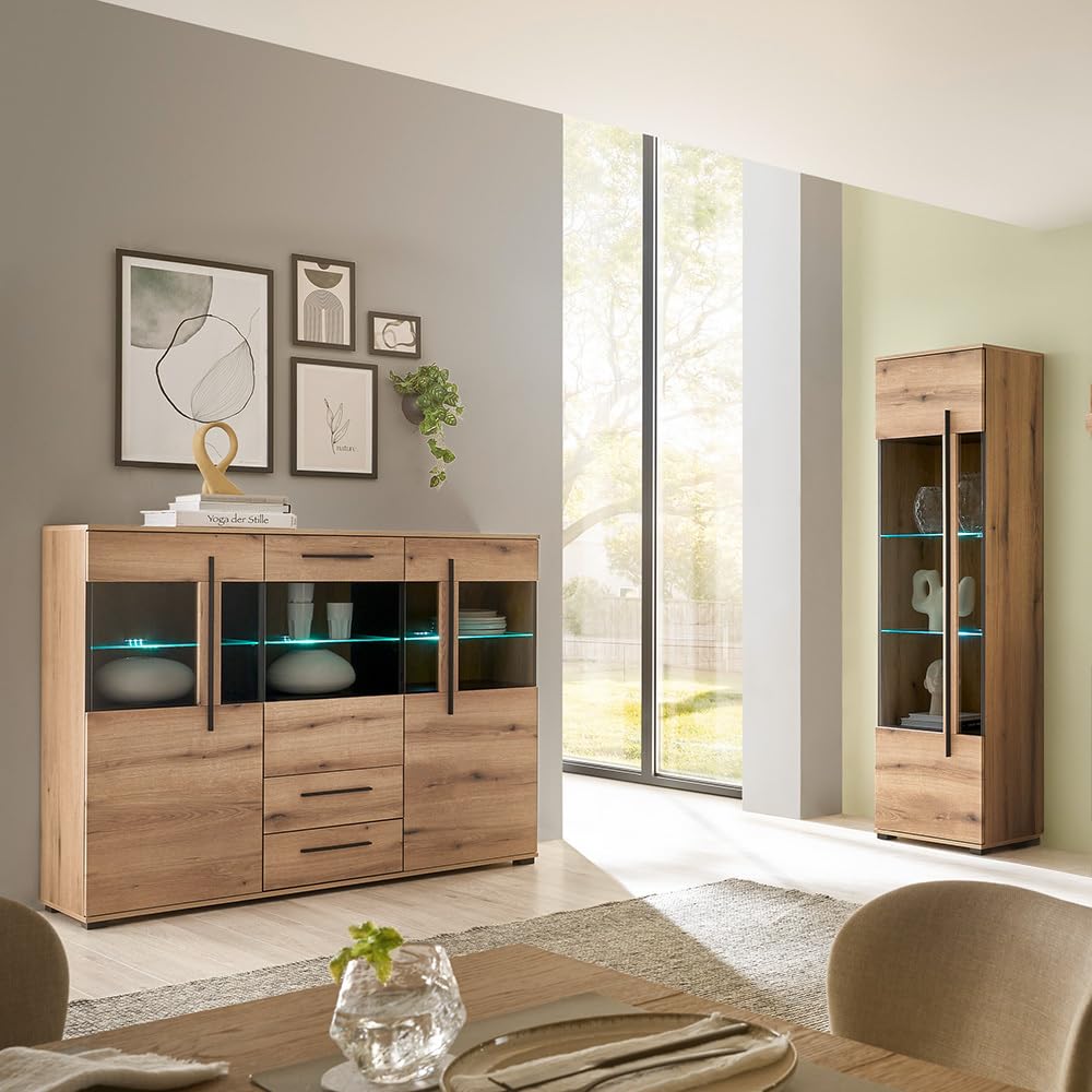 Lomadox Highboard 160 cm breit Vitrine Wohnzimmerschrank in Eiche mit 3 Glastüren & 2 Schubladen inkl. Softclose-Funktion