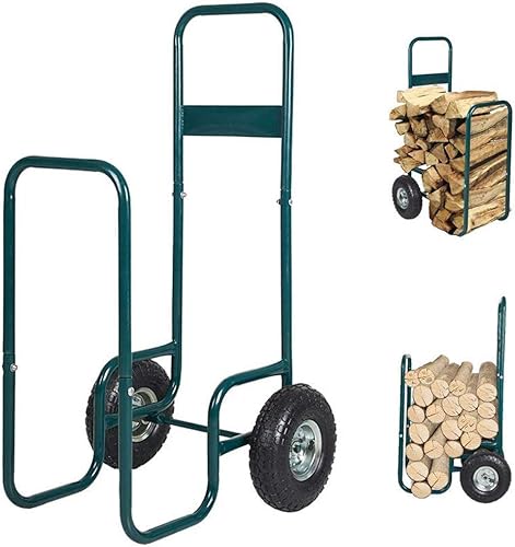 KARMAS PRODUCT Carrito de leña para leña, para exteriores e interiores, de acero con revestimiento verde, transportador de almacenamiento con ruedas