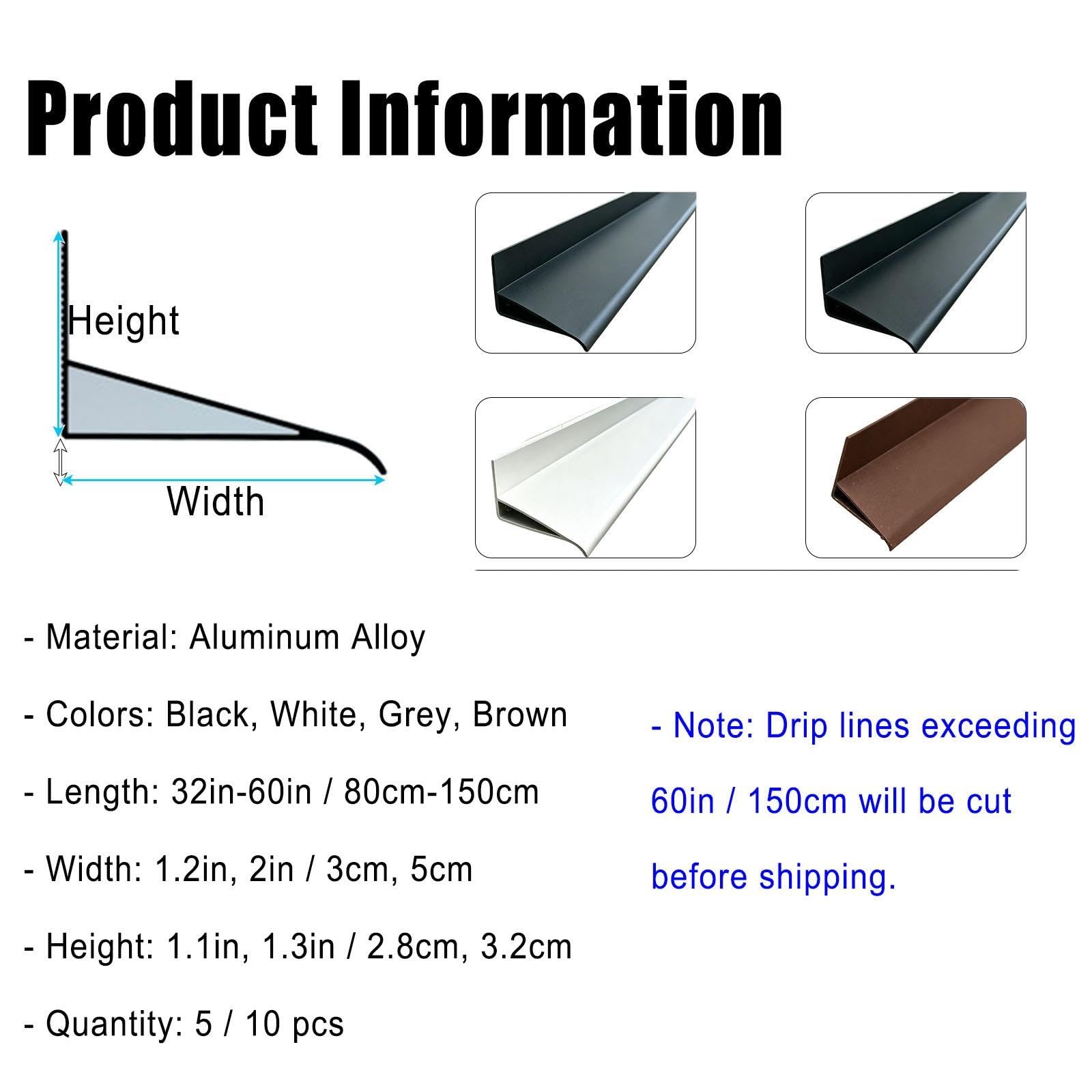 vierteaguas muro exterior Altura 2,8 3,2 CM Borde De Goteo Para Pared, Fijación Con Tornillo Desviador De Agua De Lluvia De Aleación De Aluminio(Black-10 pcs,W 5 CM H 3.2 CM L 150 CM)