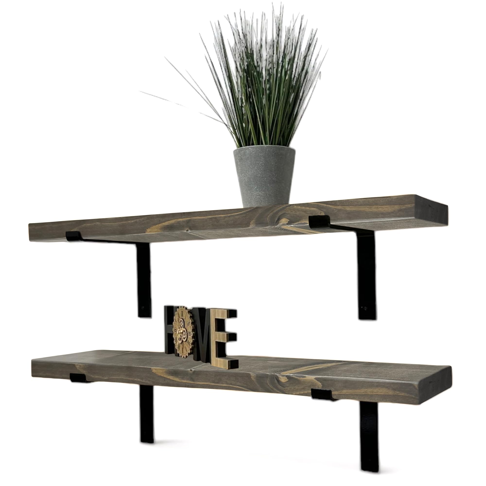 MKGT Set of 2 Rustic Shelves, Wooden Shelving with Brackets for Wall (Driftwood, 80cm)