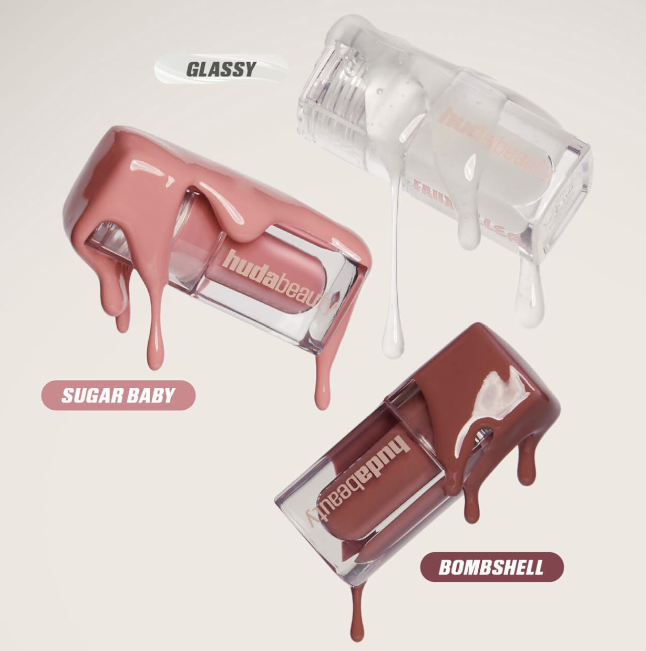 Huda Glossiest Gloss Mini Kit - Faux Filler Extra Shine Lip Gloss - Glassy, Bombshell and Sugar Baby - 0.06 fl oz / 1.9 mL each - Image 3