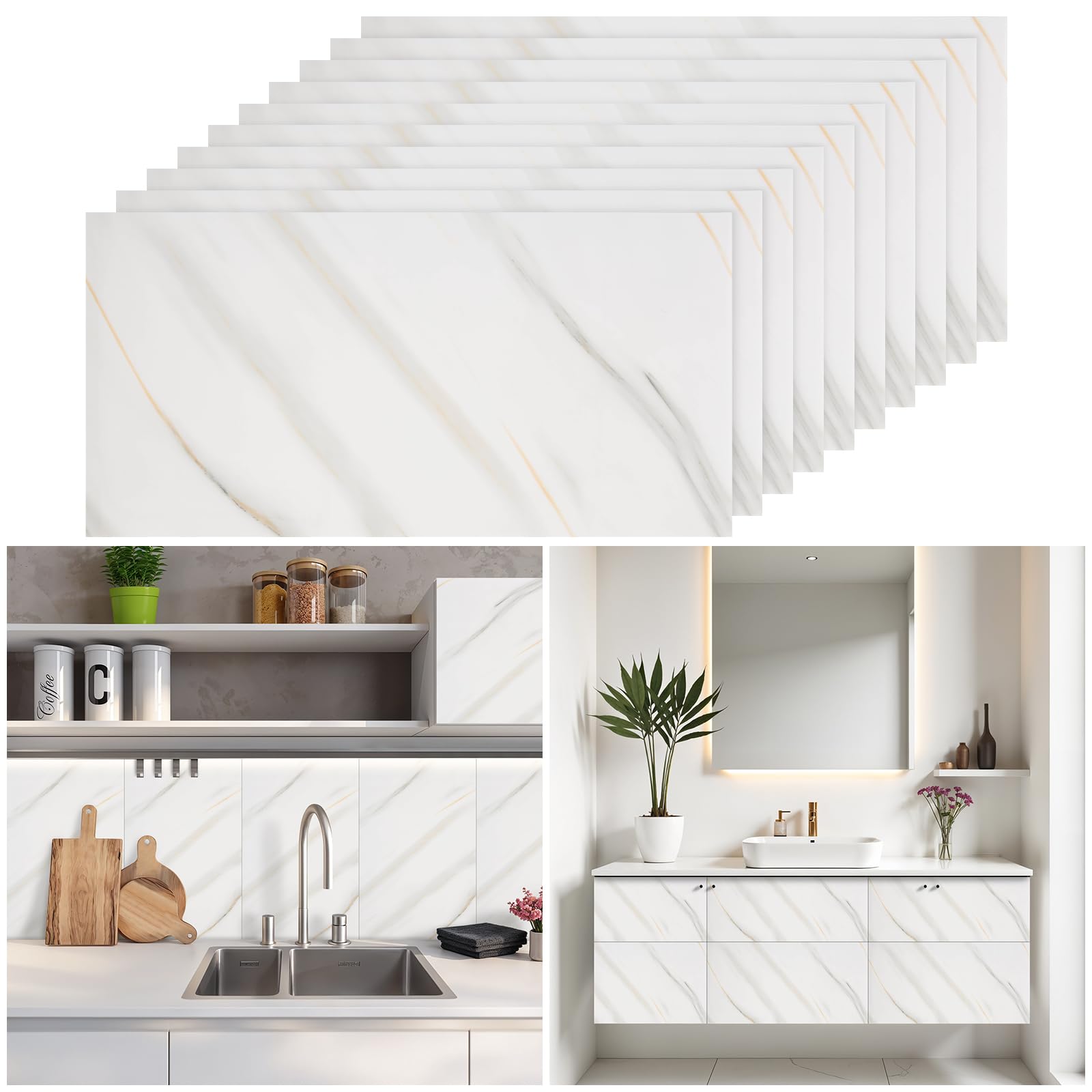 Warmiehomy Marble Tiles 60x30cm 30Pcs Thicken Self Adhesive Wall Tiles Waterproof,Peel and Stick on Vinyl Tiles for Living Room Bedroom Bathroom Kitchen Splashback,Beige Green Line — image 1
