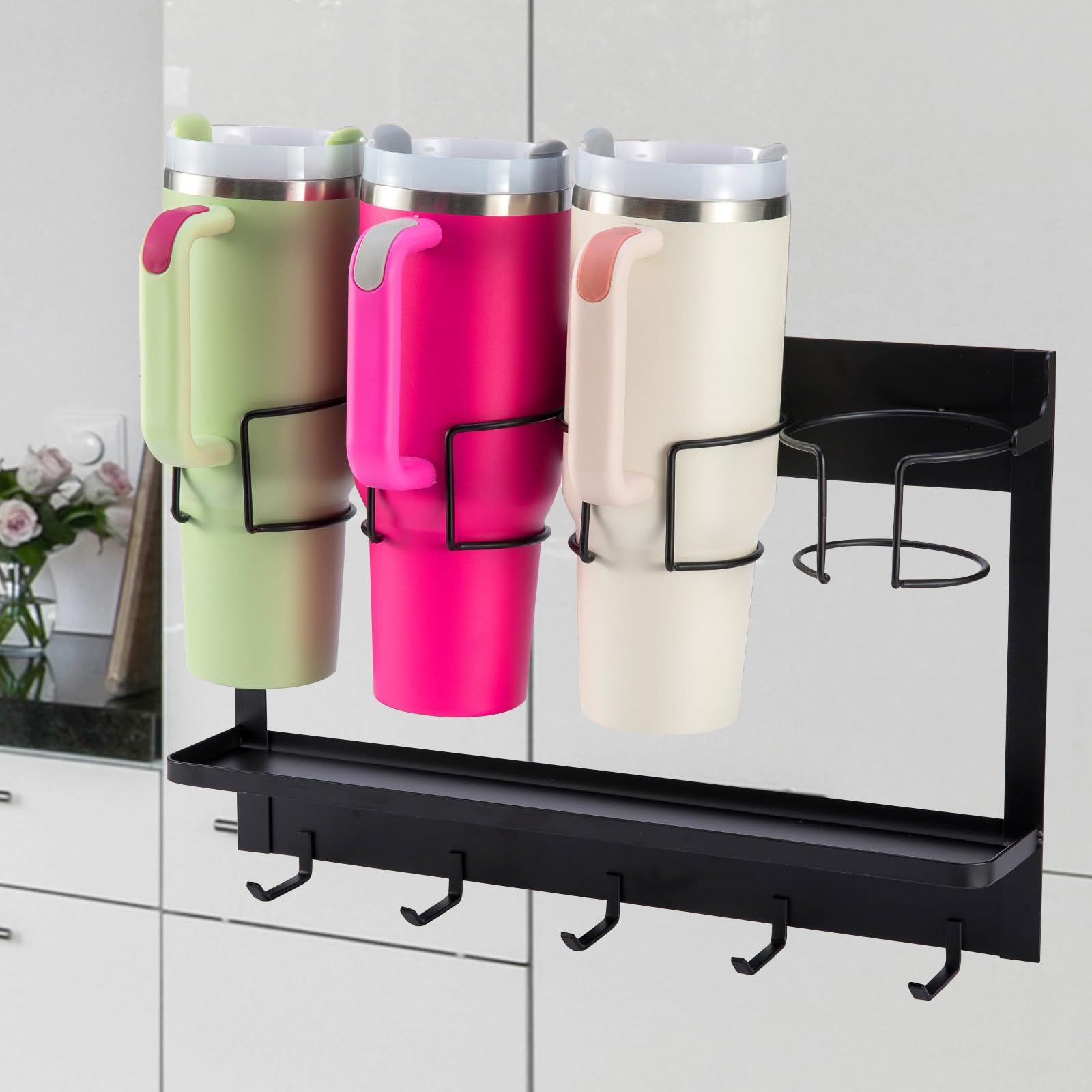 MAYSSKQ Magnetic Water Bottle Organizer for Stanley Cup & Large Tumblers, Wall Mount Self-Adhesive Storage with 5 Hooks, Space-Saving Cup Rack Holder,