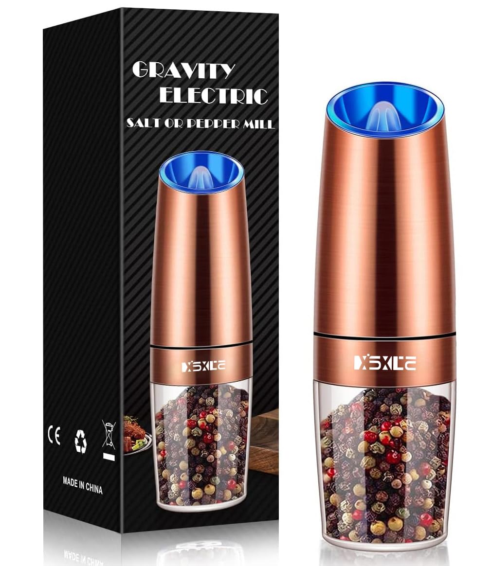 XinXu Gravity Electric Pepper/Salt Grinder, Salt or Pepper Mill, Adjustable Coarseness, Battery Powered with LED Light, One Hand Automatic Operation (Single/Copper)