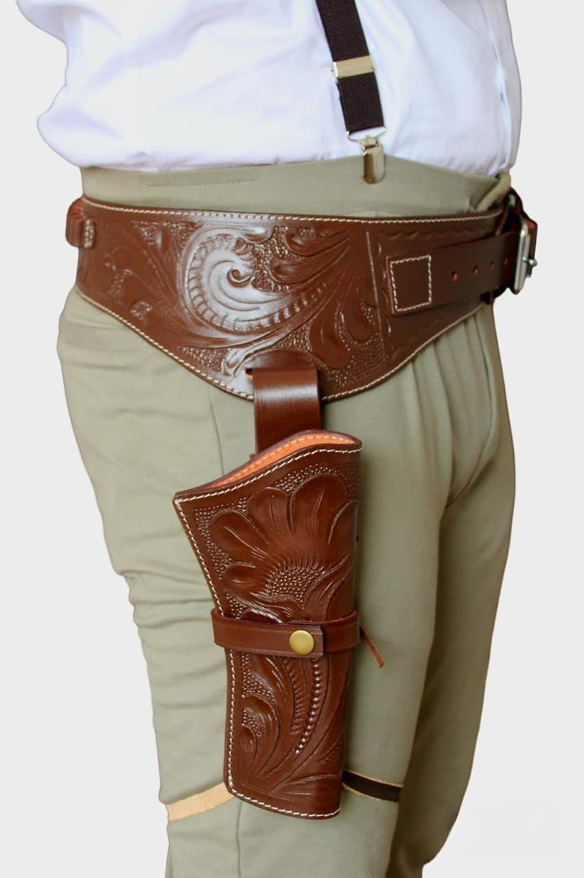 Leather Gun Holster with Belt for Revolver – Hand-Tooled Western Cowboy Holster for .22, .38/.357, .44/.45 Caliber – Fits 6-Inch Barrel – Adjustable Multiple Sizes