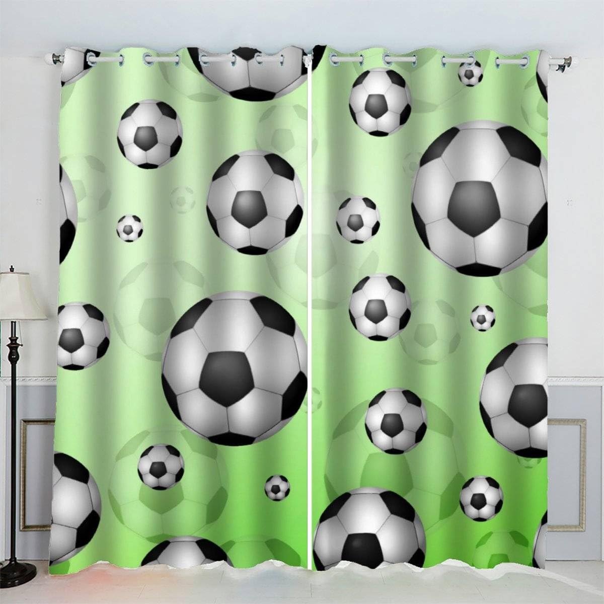 AKATIE Blackout Curtain Football Green Kid Insulated Drapes Sports 3D Print Eyelet Window Curtains for Boys Girls Teens Children kids Bedroom Set of 2 Panels (W150xL166cm)