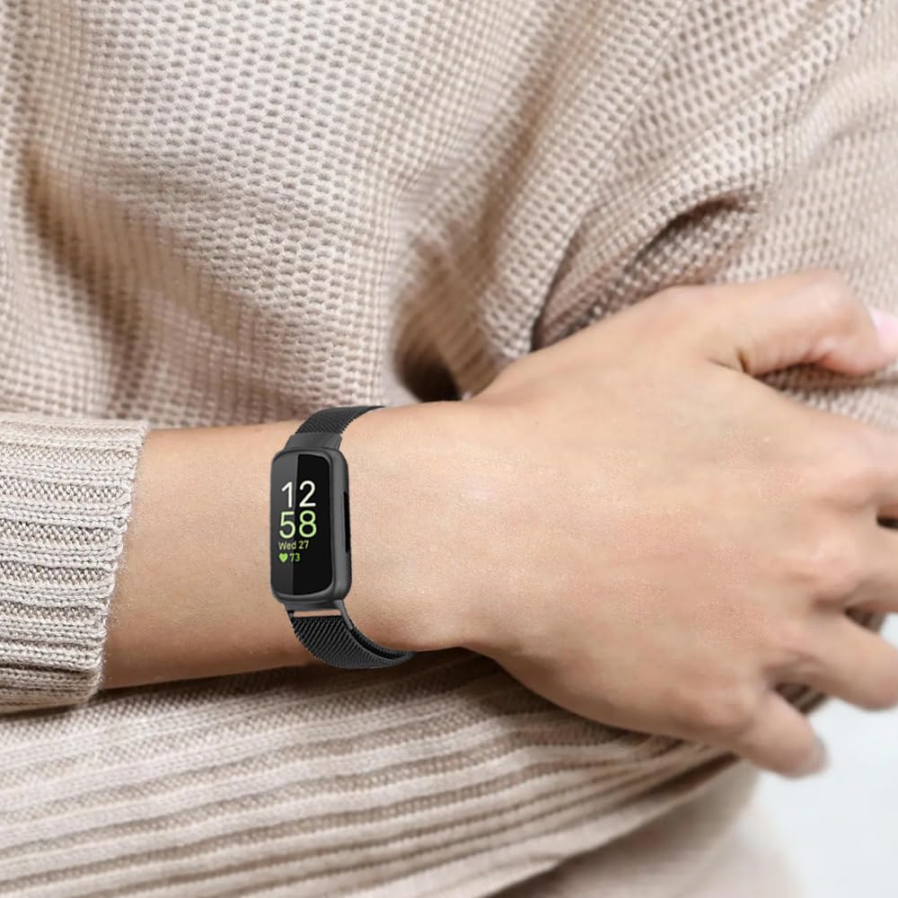 Moydolo Stainless Steel Metal Mesh Loop Adjustable Replacement Wristband Band Compatible with Fitbit Inspire 3 Straps - Black - Image 3