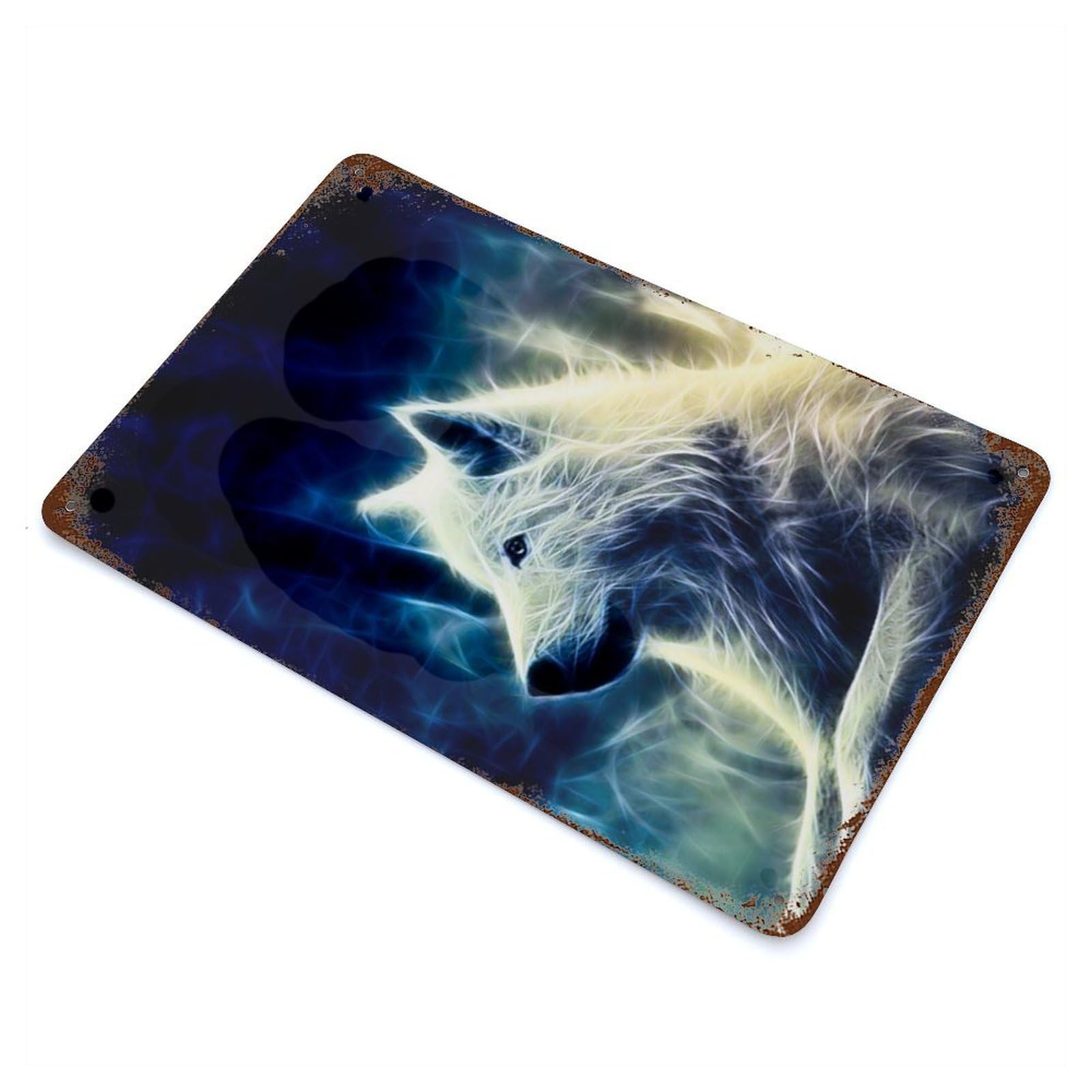 Wolf White Fractal 11.8"x7.9" Aged Metal Wall Plaque, Classic Wall Plaque for Basement, Hobby Room And Garage Decor
