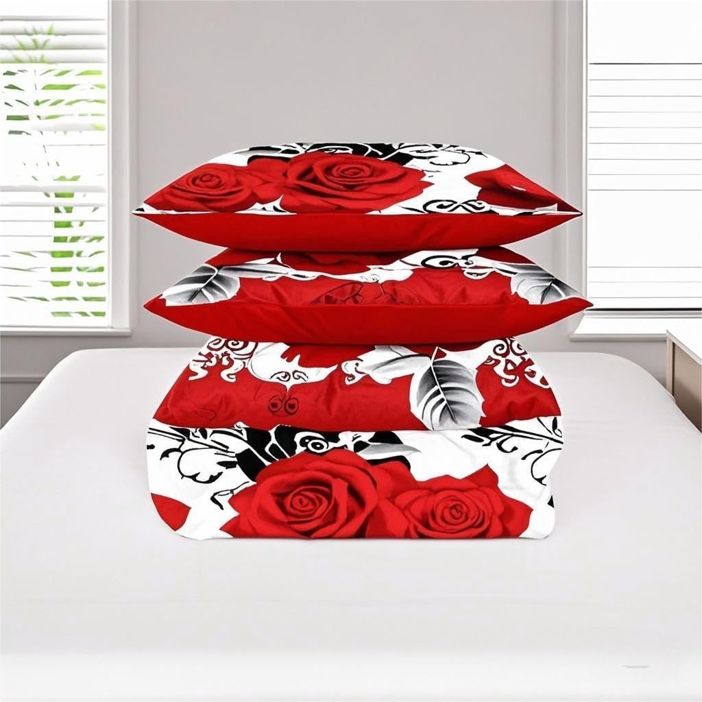 9 Pieces Bedspread Bedding Set with Matching Curtains,Queen Size,Red Rose Print,Coverlet Quilted Bed Throw,Bedcover,Red and White,Machine Washable,Gift for Wedding and Fastival