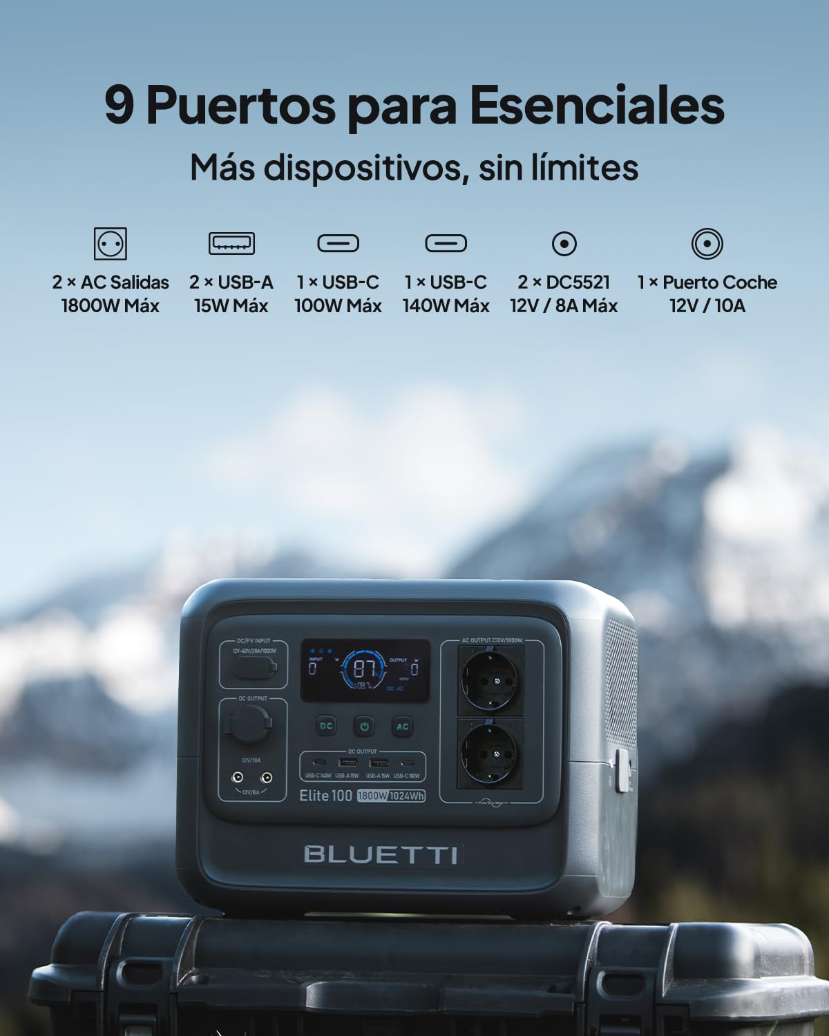 BLUETTI Elite 100 V2 Generador Solar Portátil 1024Wh, Batería LiFePO₄, 1800W (3600W Pico), 35% Más Compacto, Estación de Energía para Acampar, Hogar, Emergencias, UPS, Panel Solar Opcional