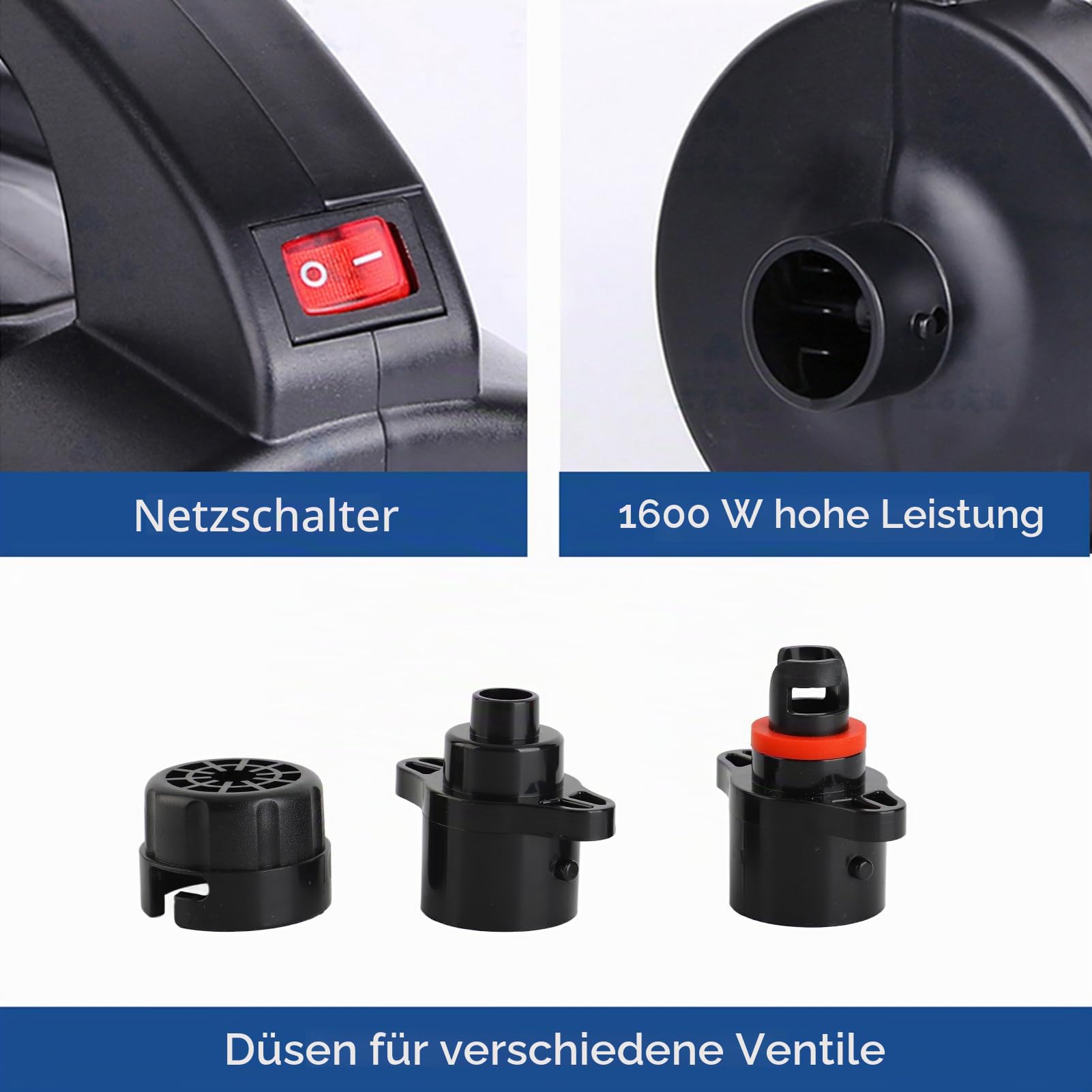 Kavolet 1600W Elektrische Pumpe, Tragbare Luftmatratze Pumpe Schnelles Aufblasen Elektrische Luftpumpe Inflator Deflator mit 2 Düsen für Schlauchboot, Surfbrett, Stand-Up-Paddle-Board, Luftmatratze