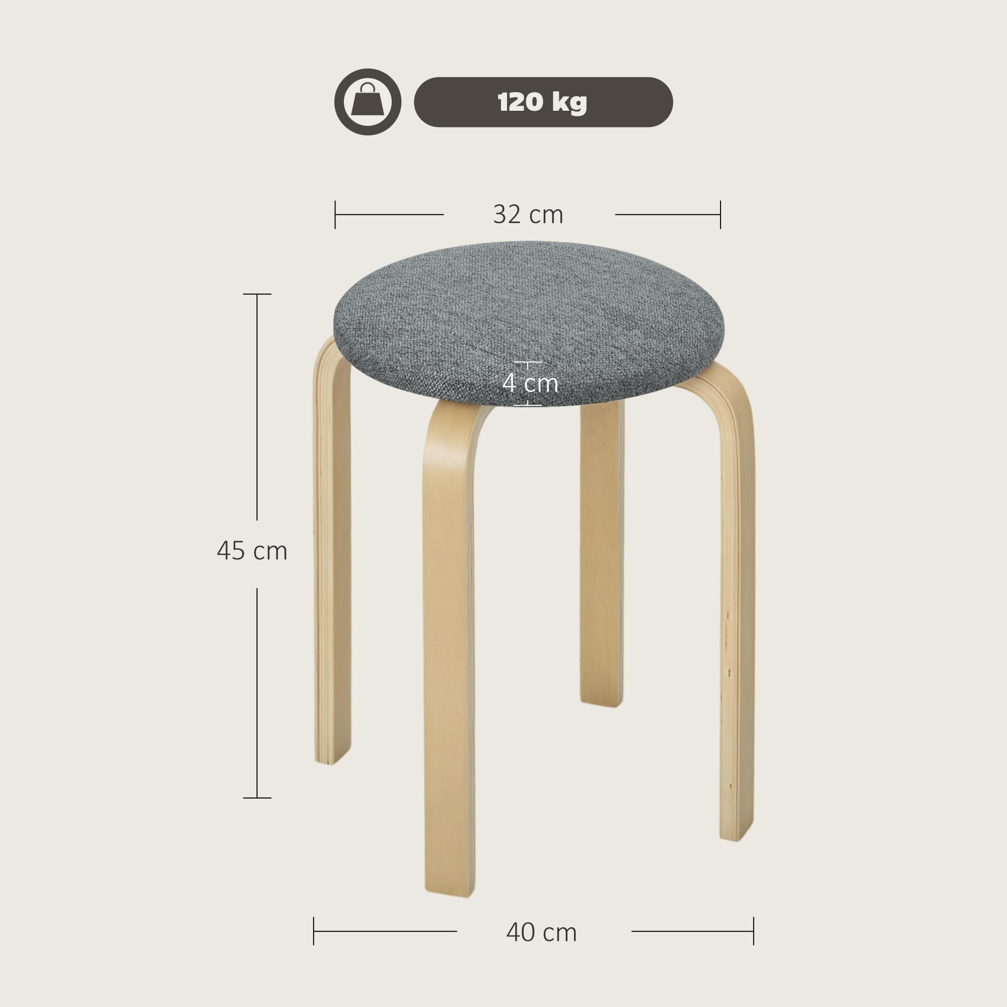 HOMCOM Juego de 4 Taburetes Apilables Redondos Taburetes Bajo de Cocina de Madera con Asiento Acolchado para Comedor Dormitorio Oficina Salón Gris y Natural