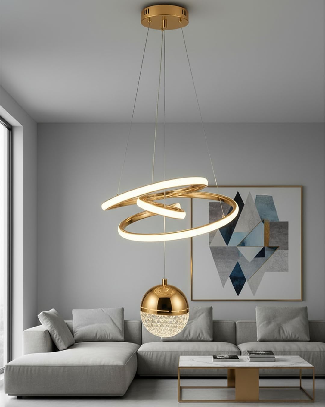 swanart Modern LED Ceiling Pendant Light with Crystal Ball, Spiral Design Chandelier, Dimmable Hanging Lamp for Dining Room, Living Room, Bedroom, Hallway (Gold) discount deal
