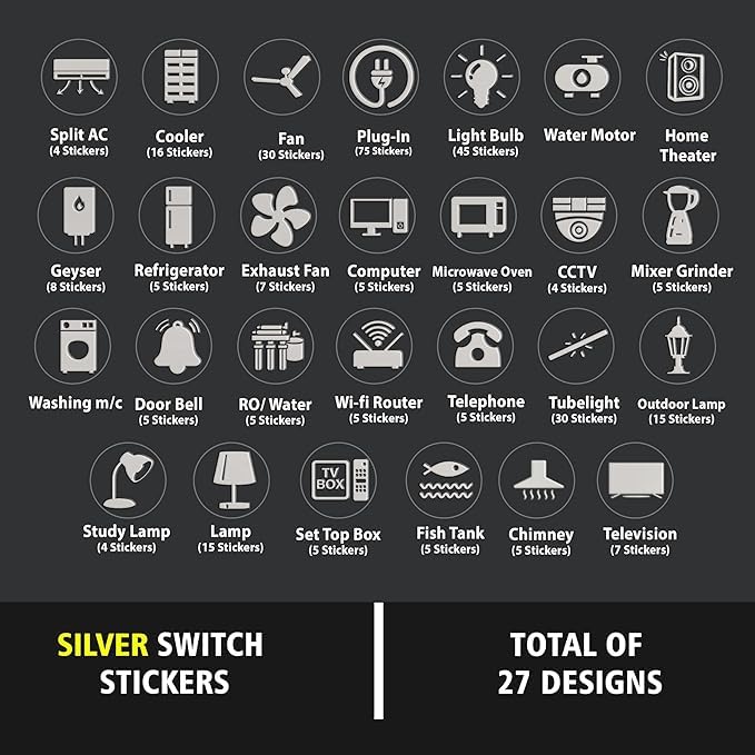 Image of Golden Switch Board Stickers for Home and Office - 330 Self Adhesive Electric White Switch Board Covers, Vinyl Transparent Stickers for Lightbulb, Fan, AC, Stickers (Silver)