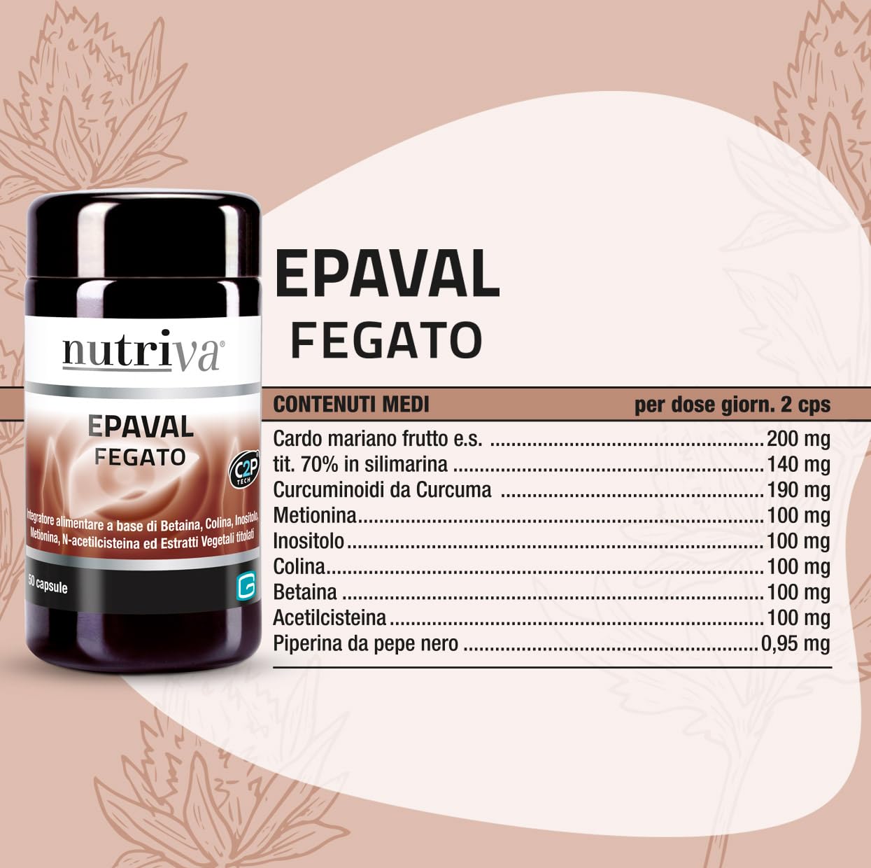 NUTRIVA Epaval, Integratore alimentare con Betaina, Colina, Inositolo, Metionina, N-acetilcisteina ed estratti vegetali. Utile al fegato e per digestione. 50 capsule