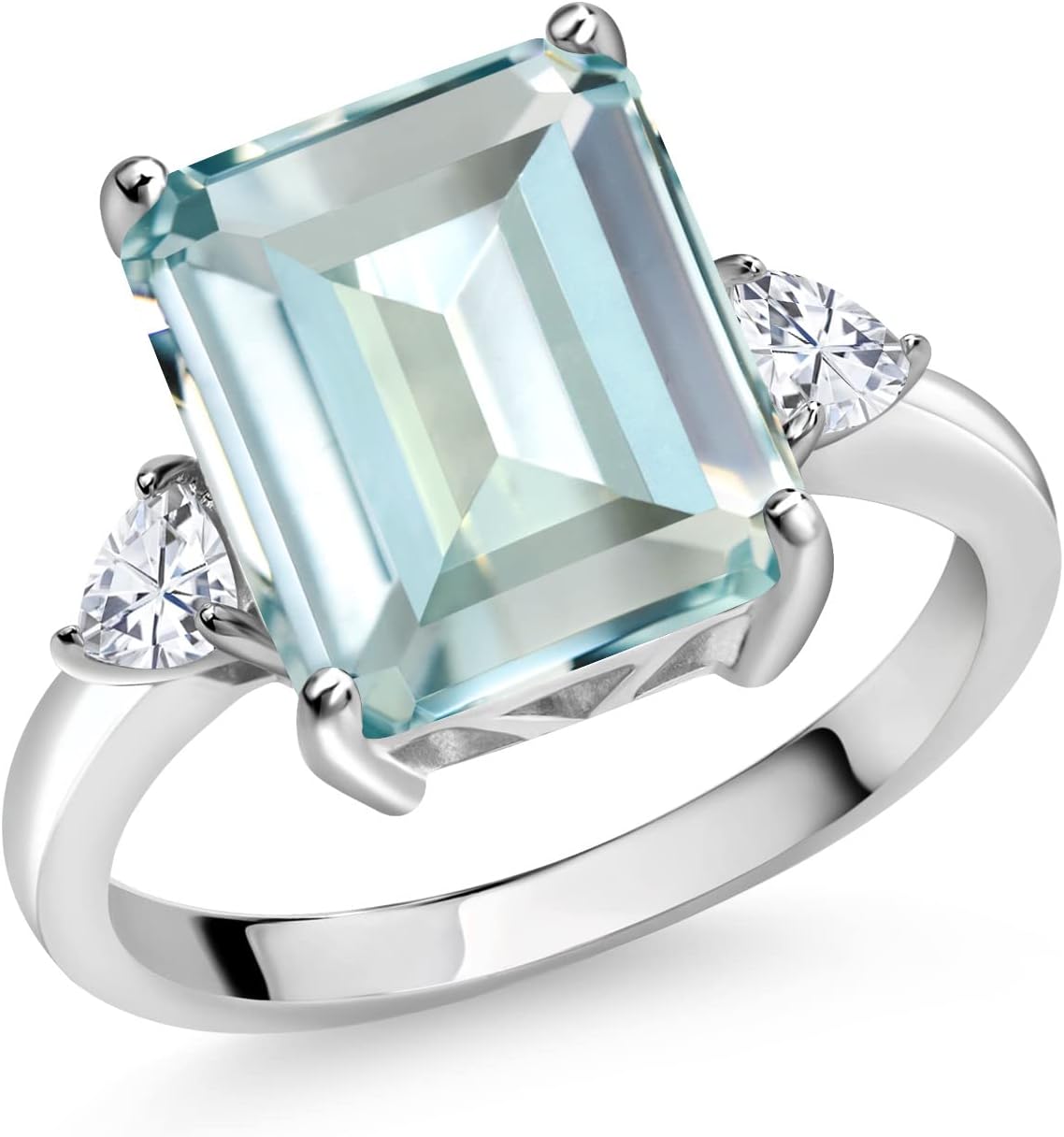 Gem Stone King 5-7 Ctw Gemstone Birthstone and Moissanite 3-Stone Ring for Women | 925 Sterling Silver | Emerald Cut 12X10MM | Wedding Anniversary Engagement Ring