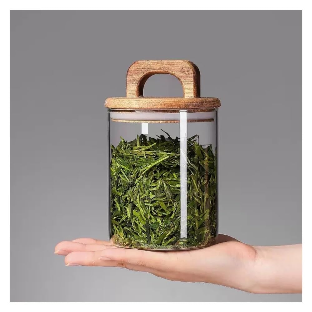 Tee-Vorratsglas, Transparente Tee-Aufbewahrungsbehälter aus Glas, mit luftdichtem Holzdeckel und Griff(750ML)
