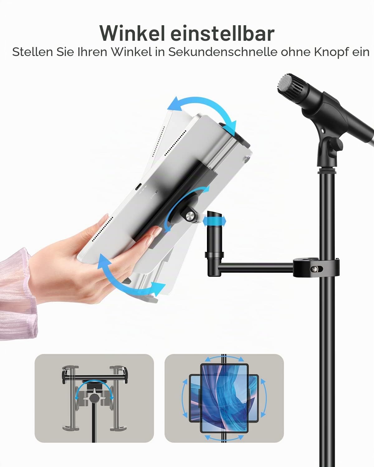 elitehood Aluminium iPad Halterung Mikrofonständer, Seite Tablet Halter Mic Ständer, Verstellbarer 360° Drehbar Tablethalter Mikrofon Ständer mit iPad Pro 12.9, Air, Mini, Mehr 4-12.9” Geräte