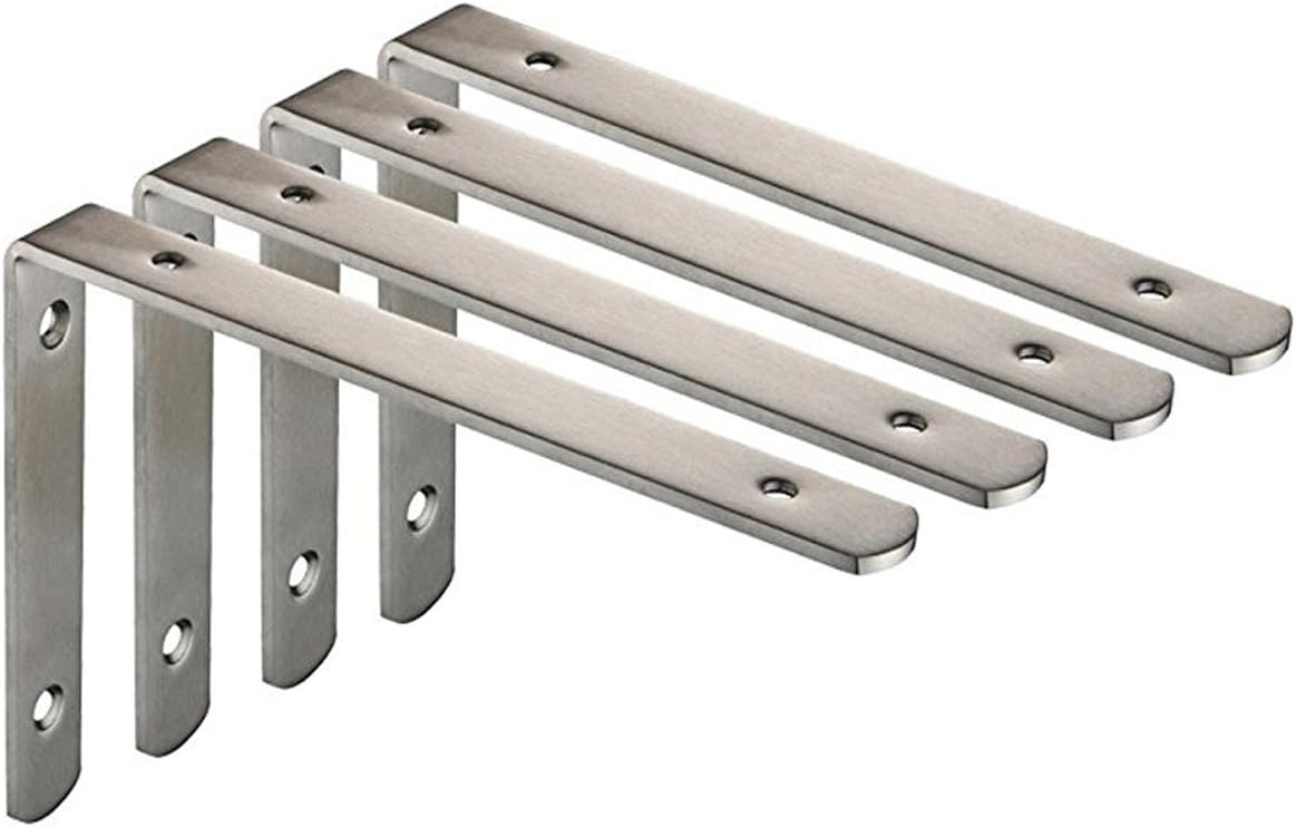 Deezio Sturdy Stainless Steel L Corner Brace Joint Angle Brackets Floating Shelf Brackets Heavy Duty Wall Hanging, Wooden Furniture & Fixture Protector, Brushed Nickel, Pack of 4(200x140x4mm)