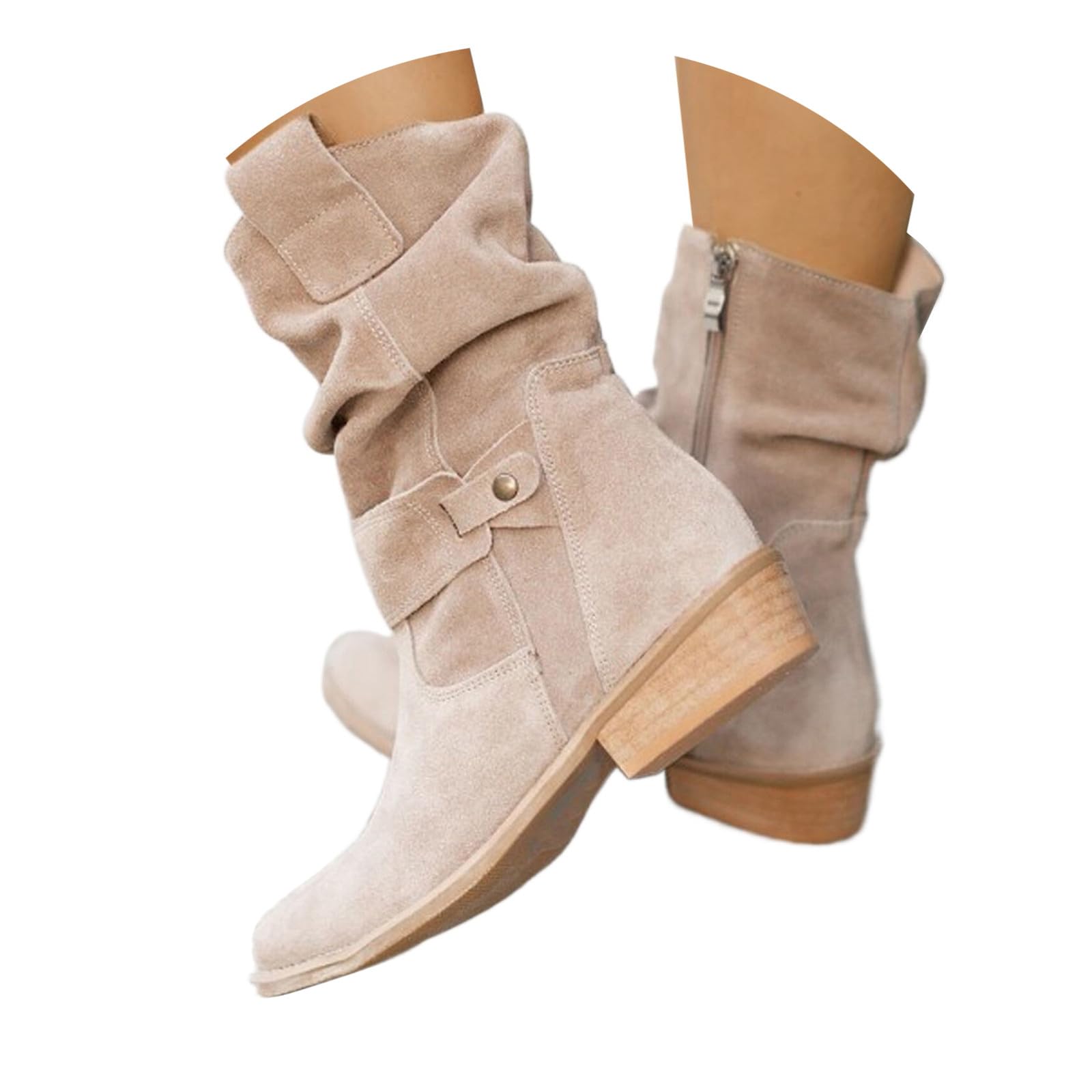 Generisch Stiefeletten Damen Wildleder Elegant Ankle Boots mit Absatz Cowboystiefel Westernstiefel mit Schnalle Herbst Stiefel Leicht Trachten Halbstiefel Schlupfschuhe 35-45