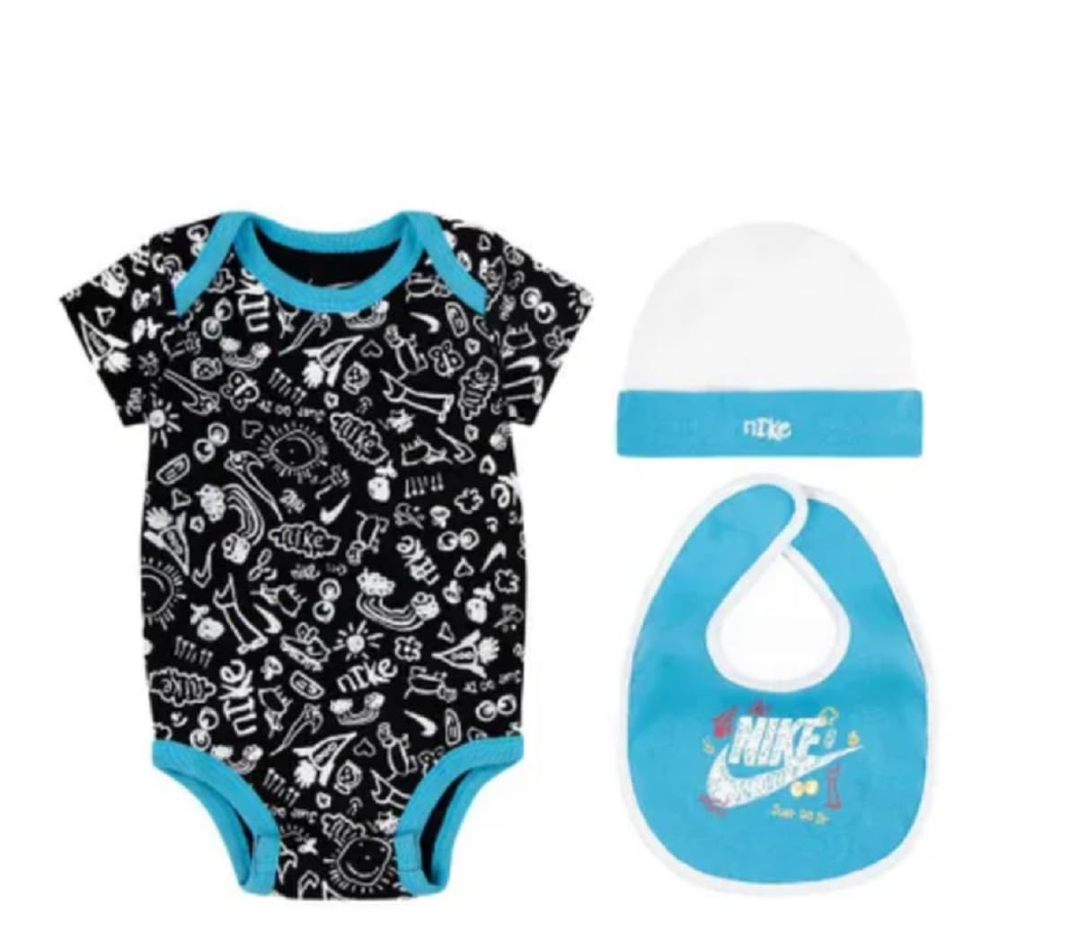 NIKE Just Doodle It Baby Gift Set Bodysuit Bib and Beanie Black/Blue 0-6 Months