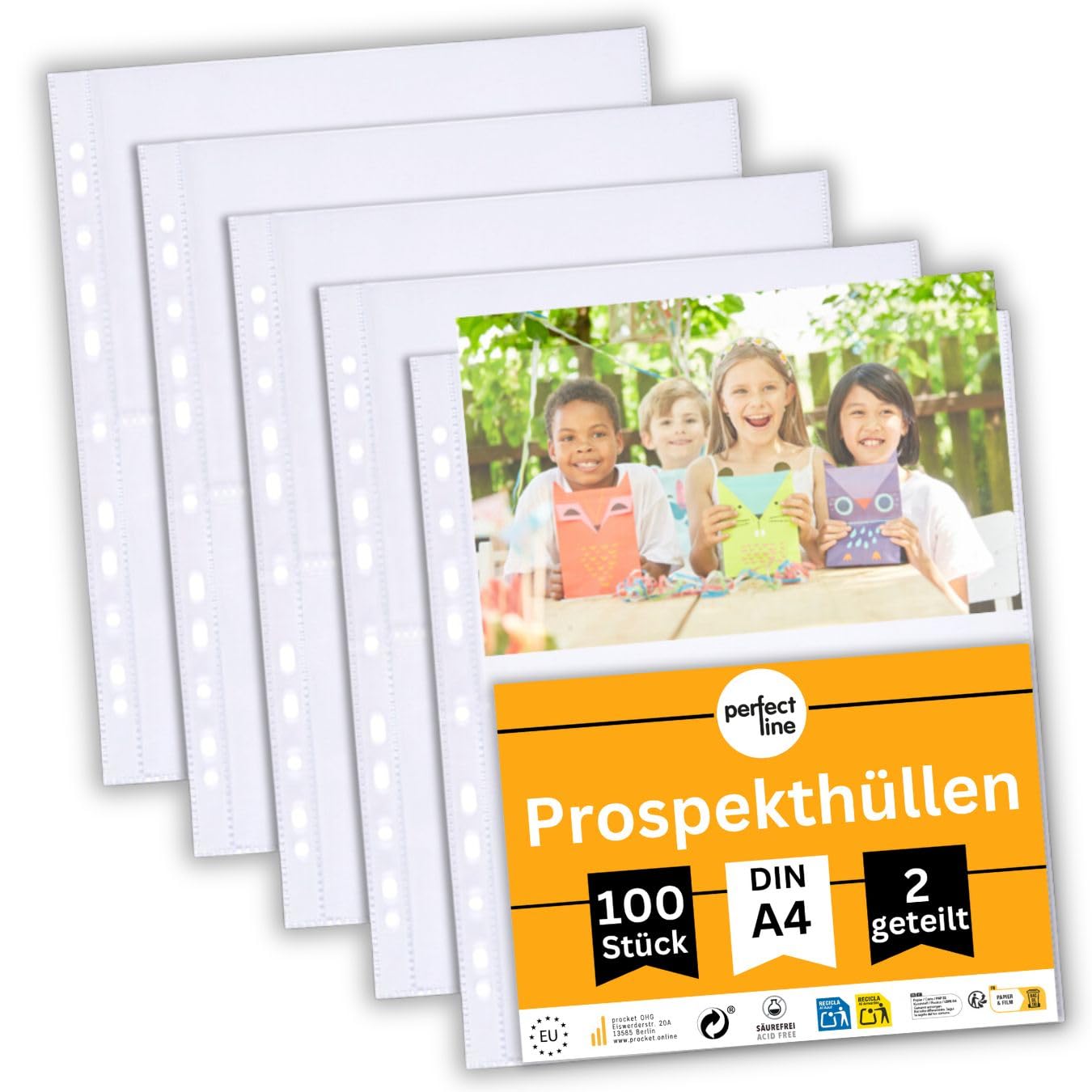 perfect line 100 Transparent A4 Segmented folders, Clear Punched Pockets Divided into 2 Segments (A5 lengthwise), colourless Sheets with Insertion on top Side
