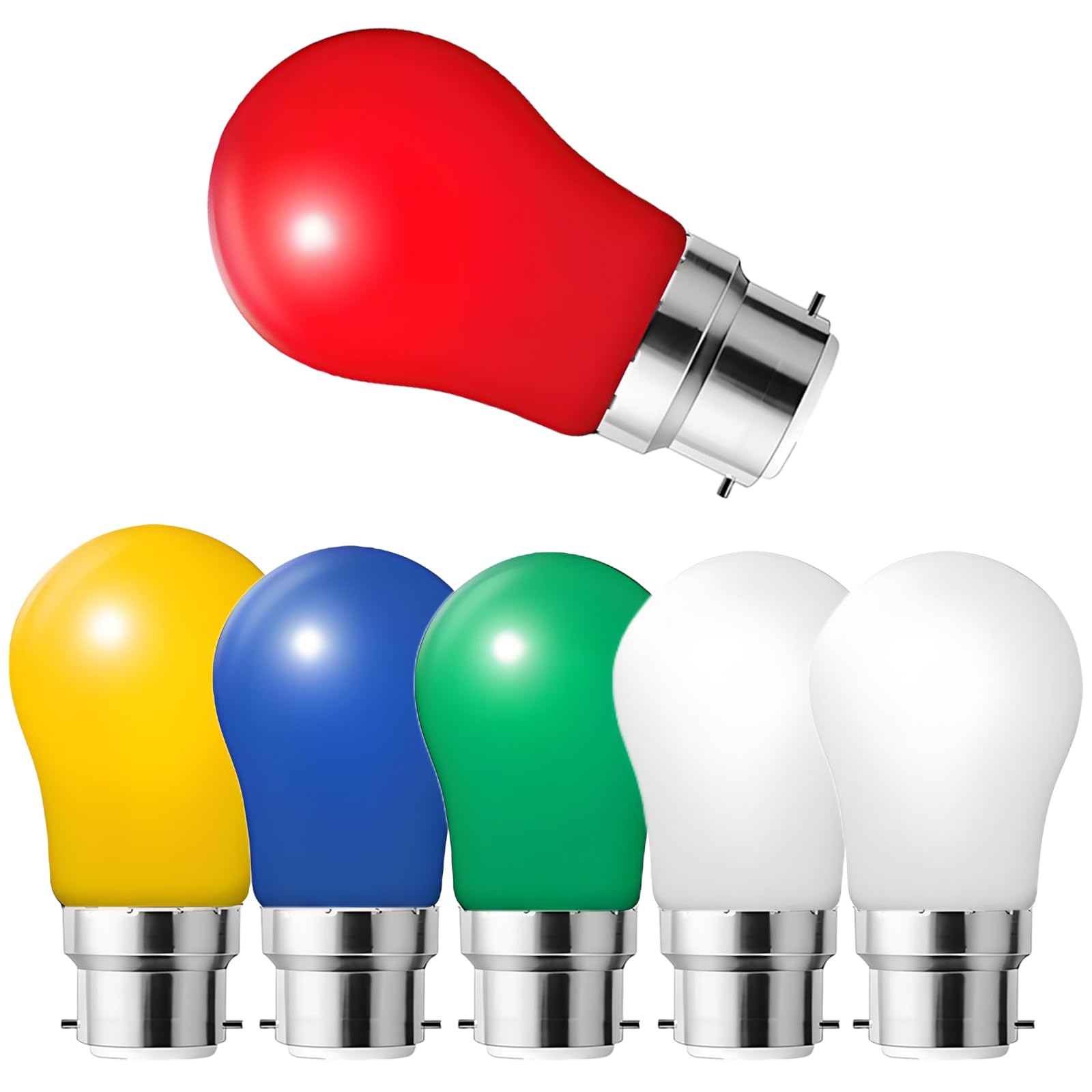 HUAMu B22 Bayonet Coloured LED Bulbs 3W, Equivalent 30 Watt Incandescent, AC 230V, Mixed Colours Red Yellow Blue Green White, Decoration for Outdoor Indoor String Wedding, Party, Christmas