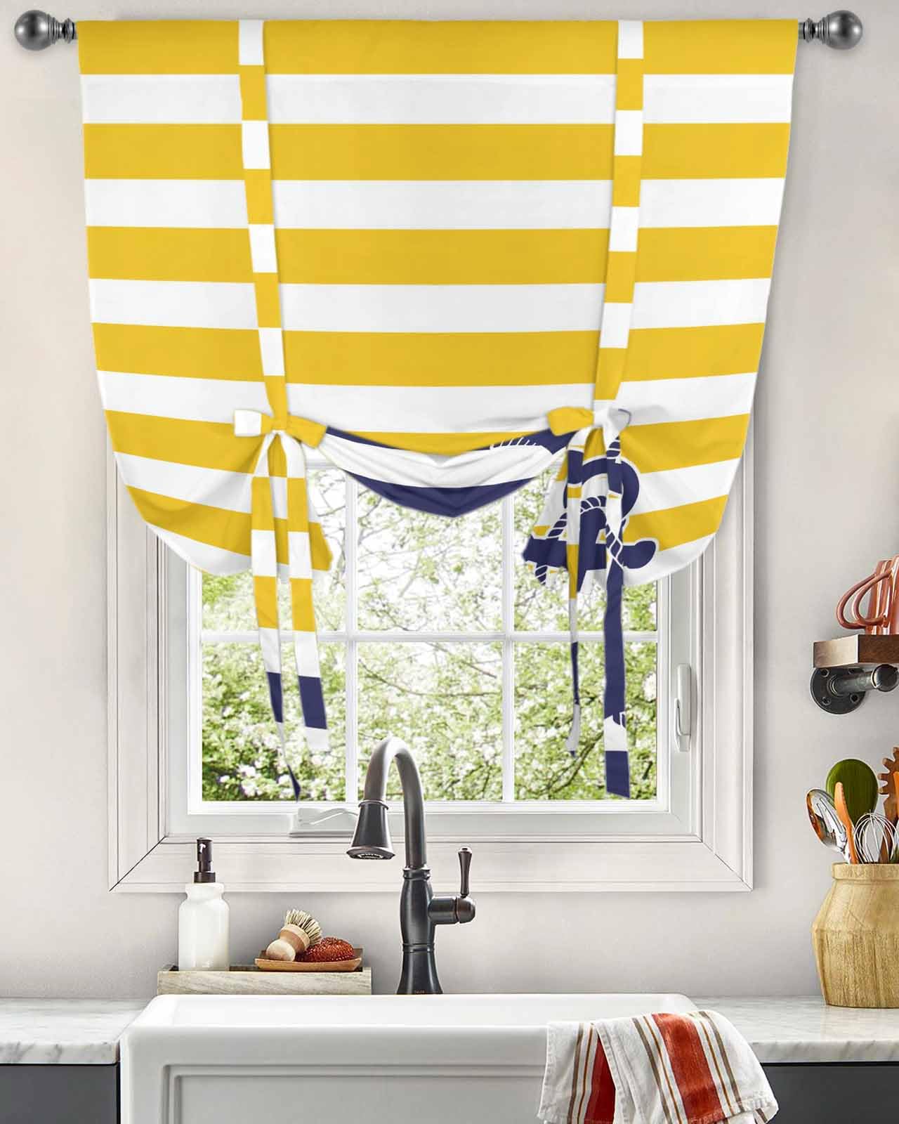 Blue Yellow Stripe Tie Up Curtains for Windows 45 Inch Length Balloon Curtains Kitchen Adjustable Balloon Window Shade Nautical Anchor Summer Modern Coastal Tie Up Bathroom Curtain Window 34