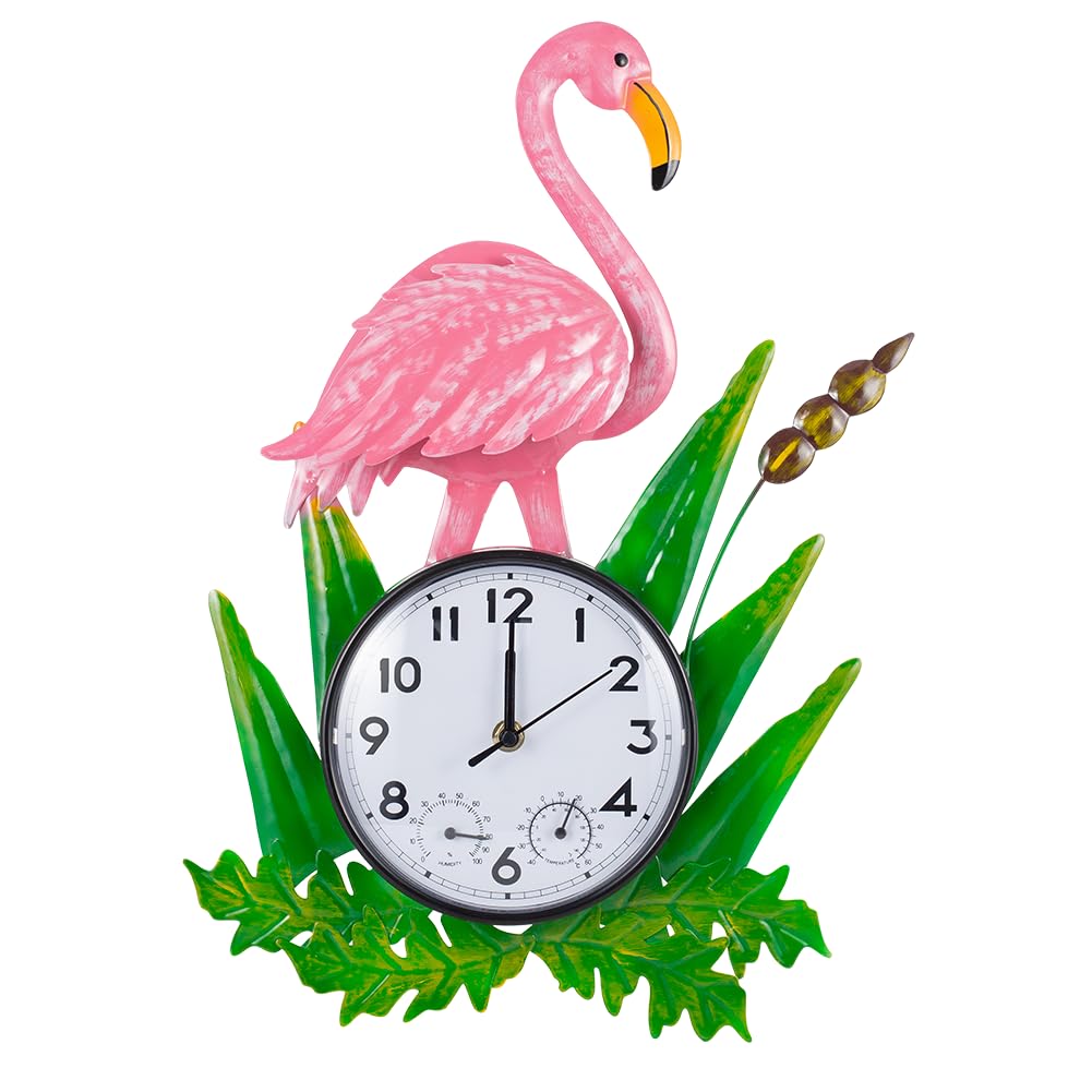 Reloj de pared silencioso con diseño de flamenco para exteriores, con termómetro y humedad, de cuarzo, impermeable, decoración para patio, jardín, sala de estar (rosa)