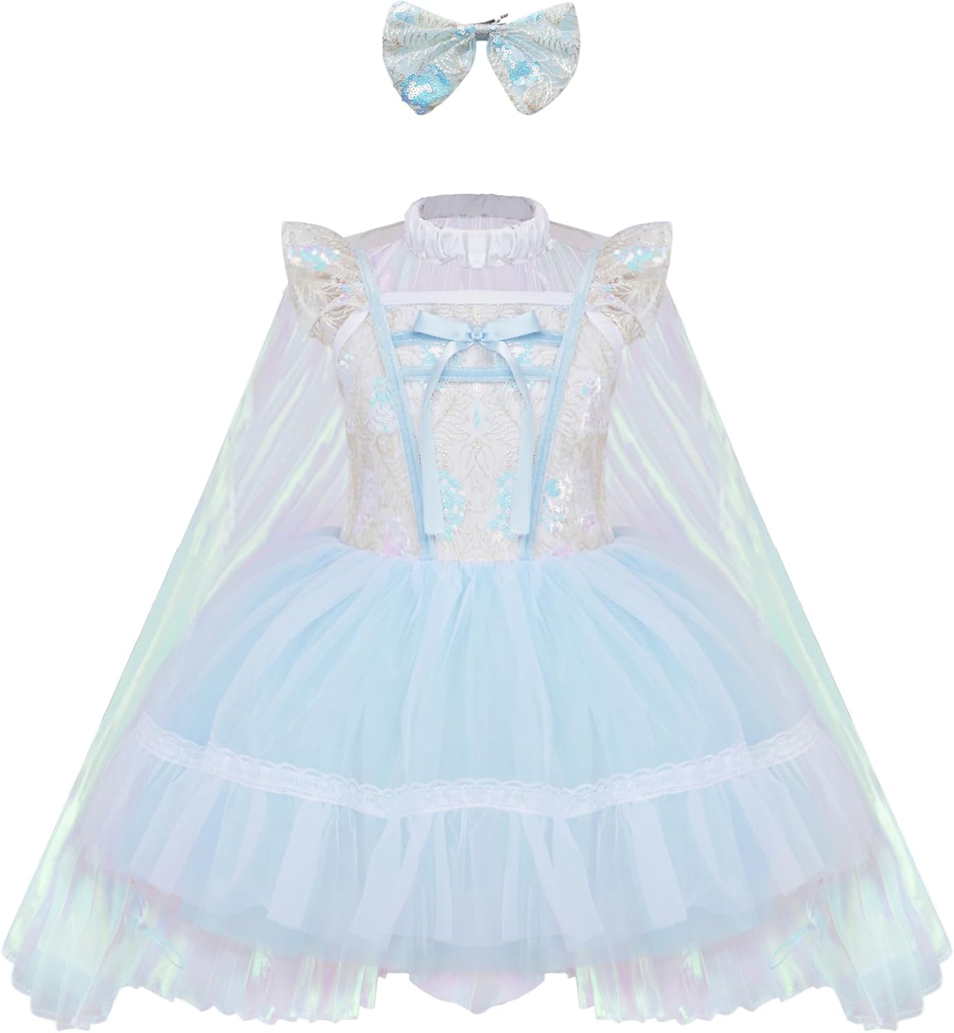 Girls Sequin Ballet Tutu Dress Flutter Sleeve Princess Ballerina Dance Dress with Cloak and Headwear for Recital