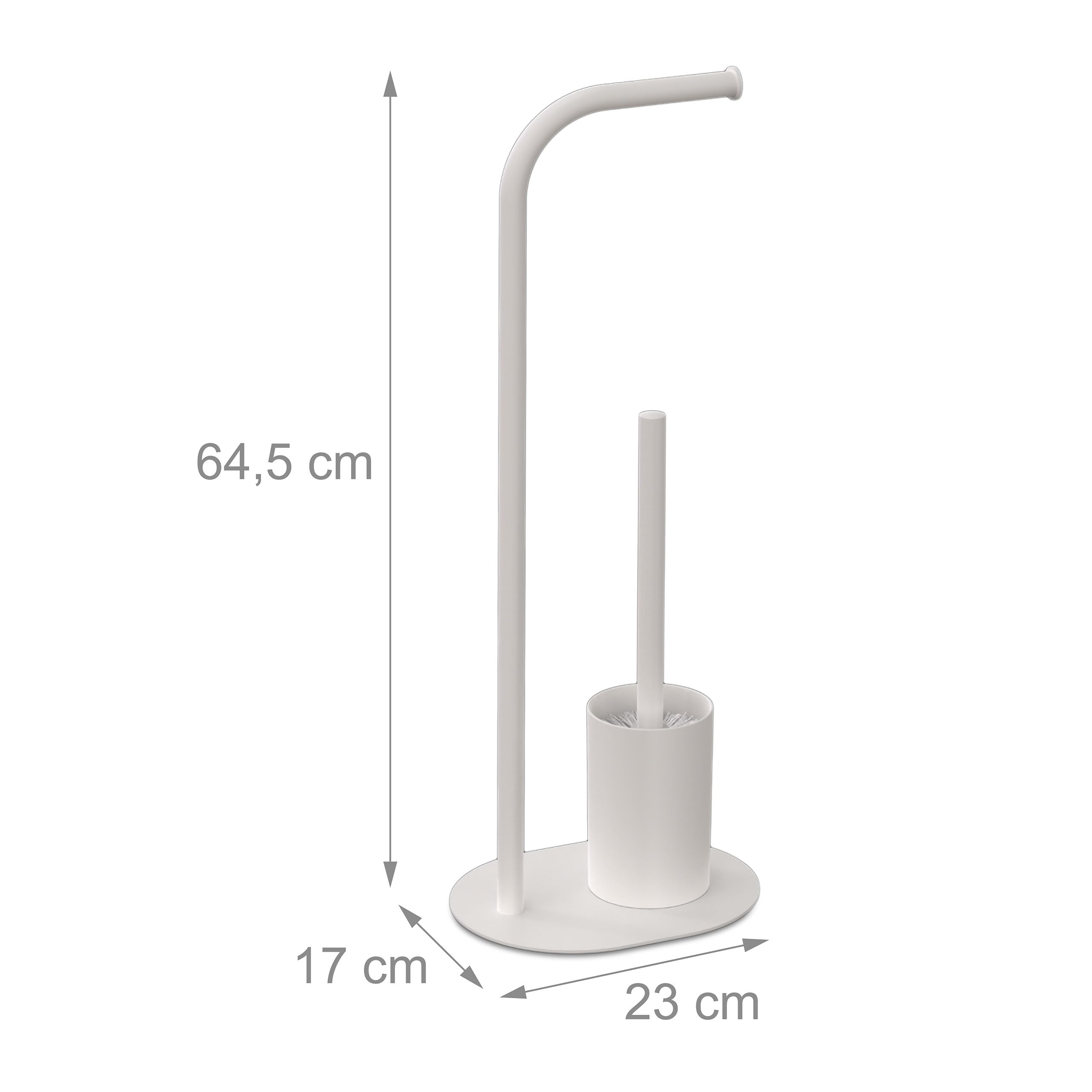 Juego de baño Relaxdays, H x An x F: 64,5 x 23 x 17 cm, Metal, portarrollos de pie con escobilla, Soporte WC, Blanco