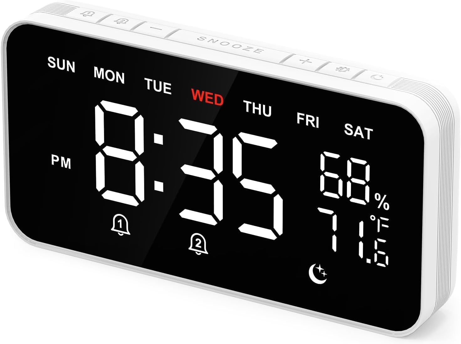 Dekala Digitaler Wecker mit Großem LED Display, Doppelalarmen, Snooze, Temperatur und Luftfeuchtigkeitssensor, Automatisch Dimmbar, Ideal für Schlafzimmer Kinder und Senioren, Netzbetrieb