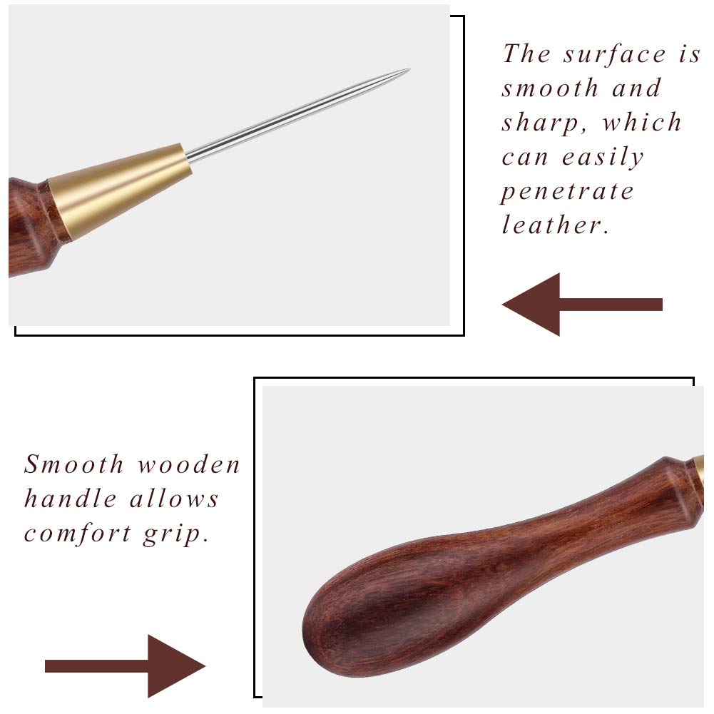 Punzón de cuero con mango de madera, herramienta de punzón de madera, punzón de costura de cuero para agujero de perforación de cuero o bricolaje hecho a mano