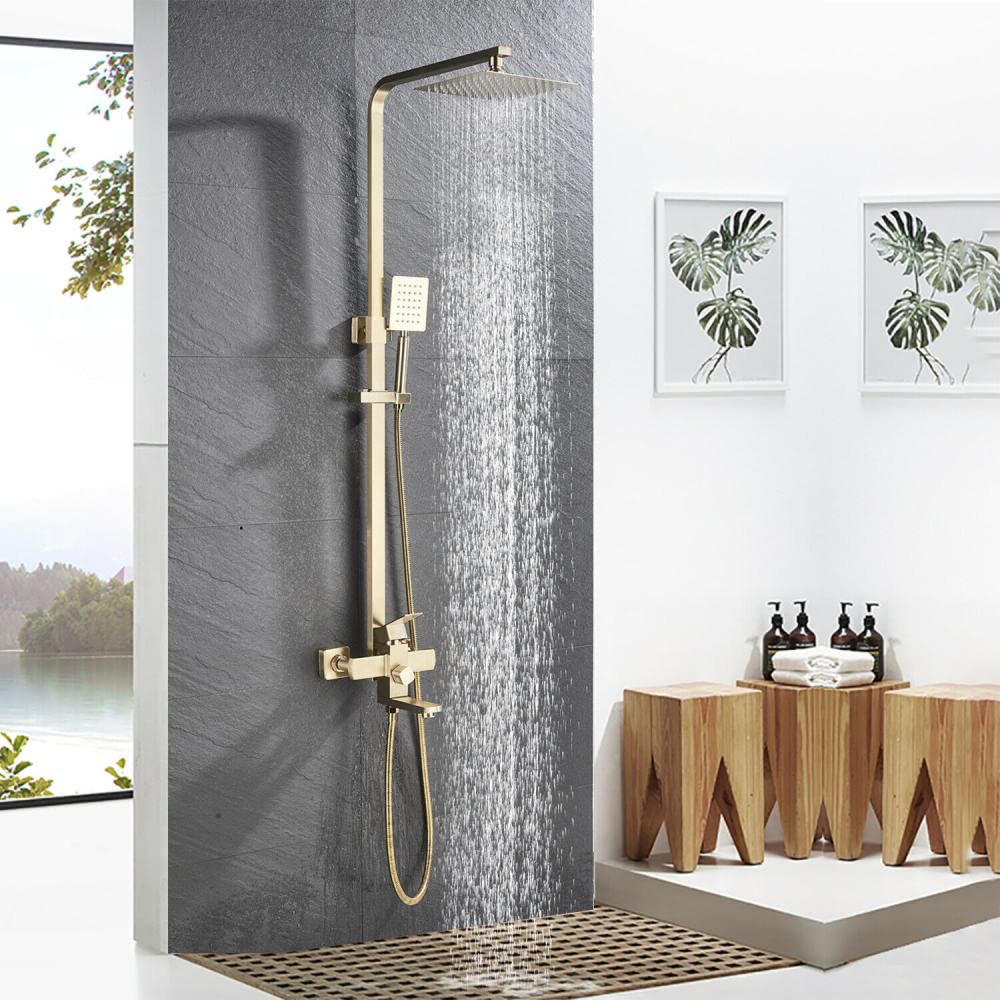 ASerZenith Rainfall Shower Faucet System Mixer Set Handheld Shower hot and Cold Water Wall-Mounted Adjustable Faucet-Brushed Gold(Brushed Gold)