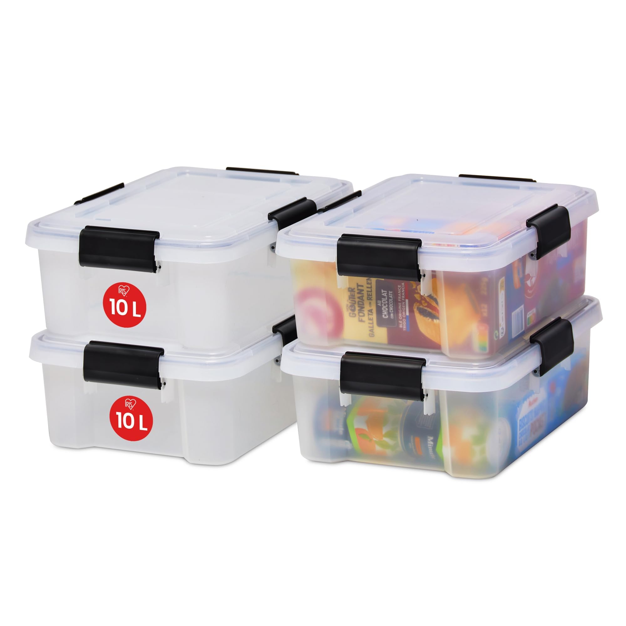 Iris Ohyama Luftdichte Kunststoff-Aufbewahrungsboxen mit Deckel, 10L, 4er-Set, Transparent, Hermetischer wasserdichter Verschluss, Robuste Schnappverschlüsse, Stapelbar, Staubschutz, BPA-frei, AT-S