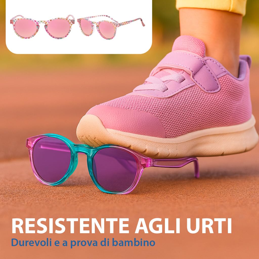 Kiddus Occhiali da Sole Bambina 4–7 Anni Polarizzati UV400 CAT3, Montatura TR90 Flessibile e Leggera, con Cordino Regolabile, Senza BPA, Protezione 100% UVA UVB, Certificati CE