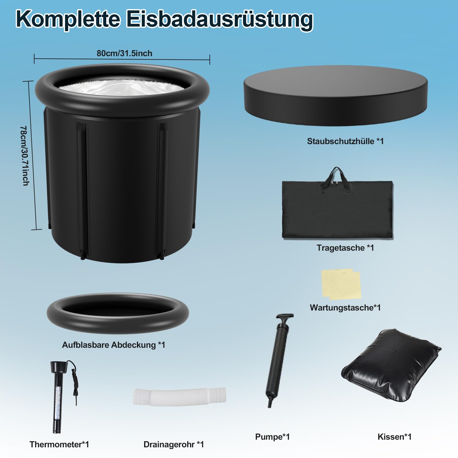 Eistonne für Eisbaden Erwachsene 80x78cm – Faltbare Kältetherapie Badewanne für Outdoor, Garten & Balkon, 5-lagige Isolierung mit doppeltem Ablauf